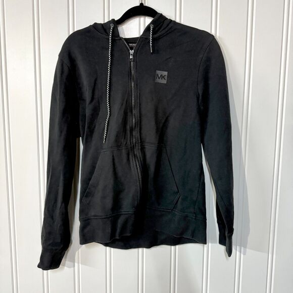 MICHAEL KORS Sweater Mens Size M Full Zip Up Black Hooded Pocket Cotton Slim - Picture 1 of 3